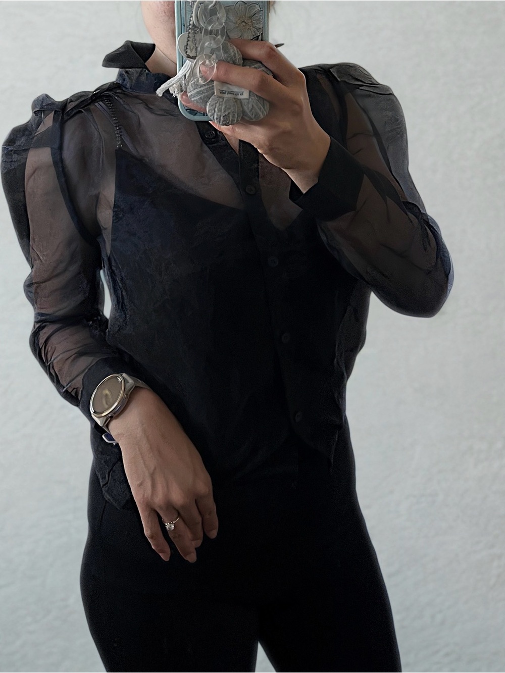 OAK + FORT Black Sheer Button-Front Blouse size S